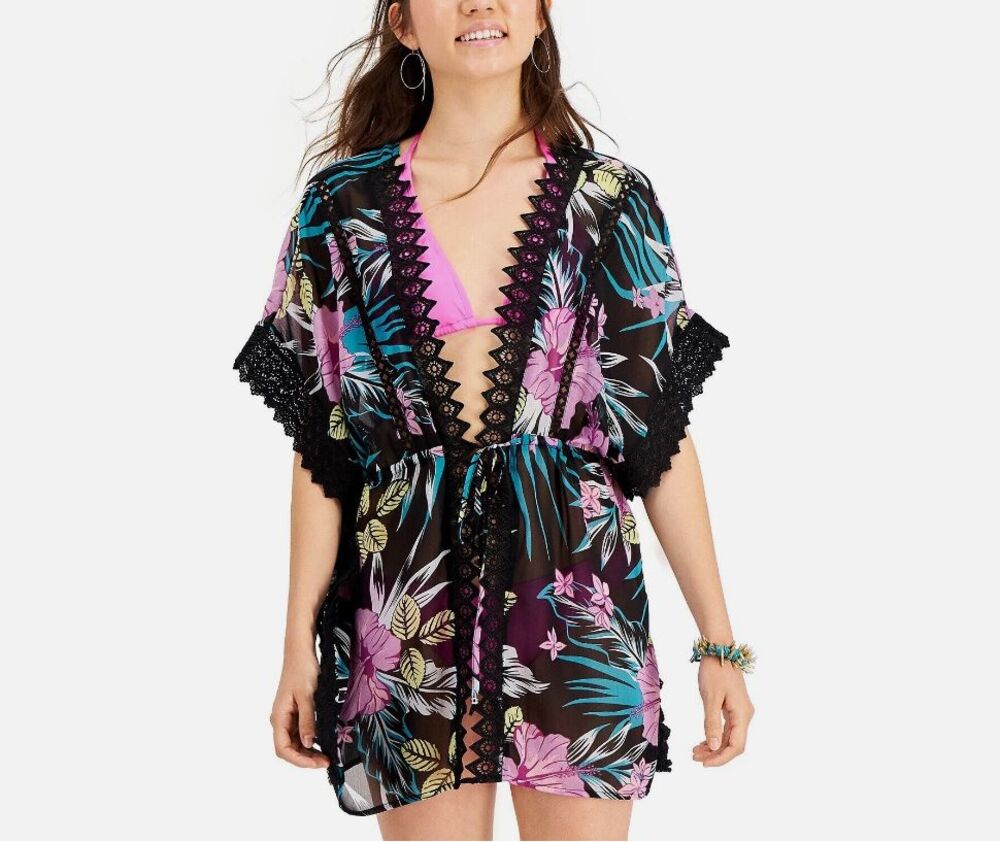 Miken Swim Kimono Cover Up Women's Med Black Floral Lace-Inset Tie-Front Sheer